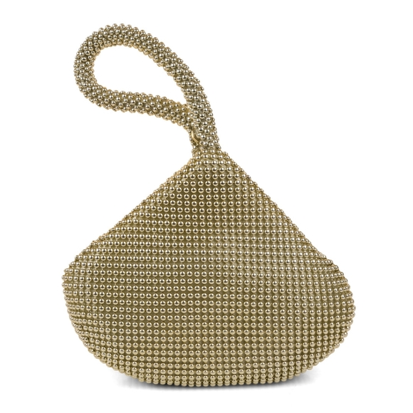 Women Ball Mesh Wristlet Yellow Gold Pouch Handle Bag Glitter Triangle Clutch - Picture 2 of 7